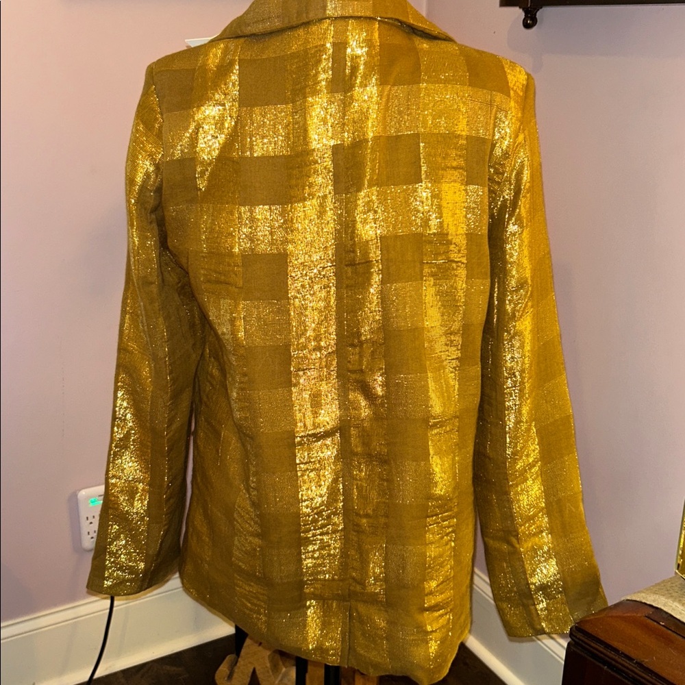 Size Med-Lustrous metallic Gold checked Women's Blazer - Picture 5 of 9